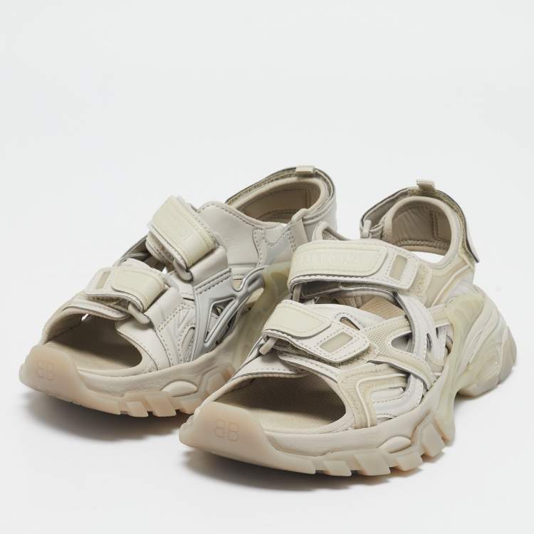 Pre Owned Balenciaga Grey Faux Leather and Rubber Track Flat Sandals Size 35