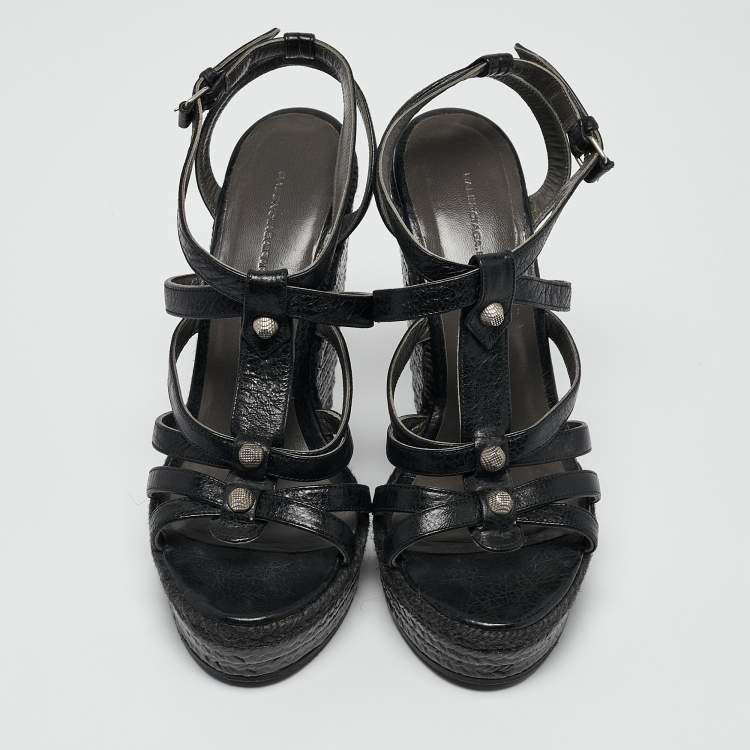 Pre Owned Balenciaga Black Leather Arena Wedge Espadrille Sandals Size 39