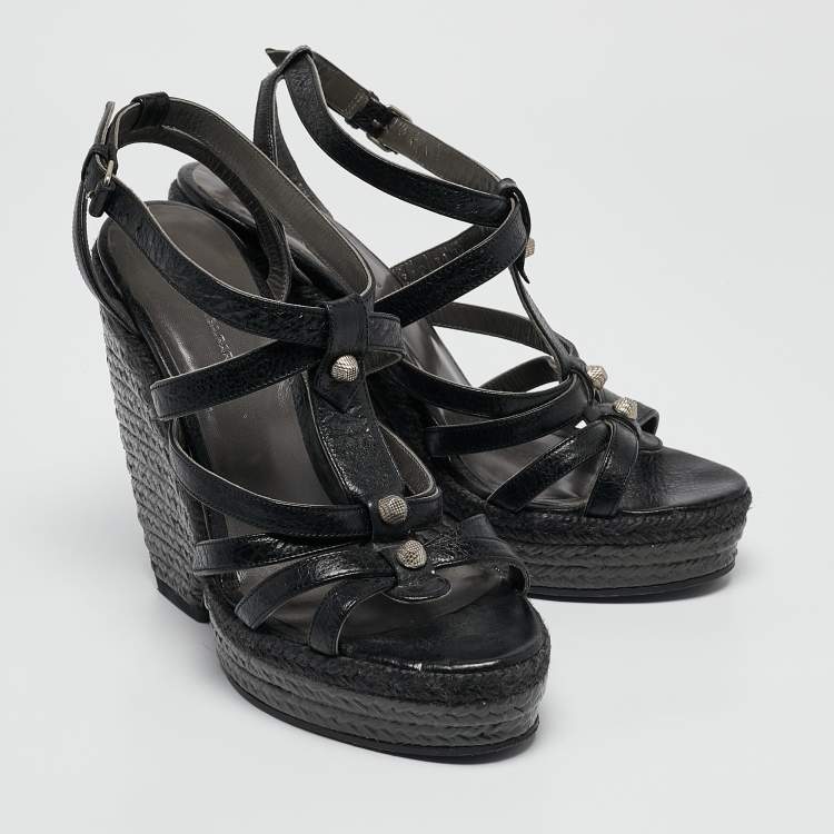 Pre Owned Balenciaga Black Leather Arena Wedge Espadrille Sandals Size 39