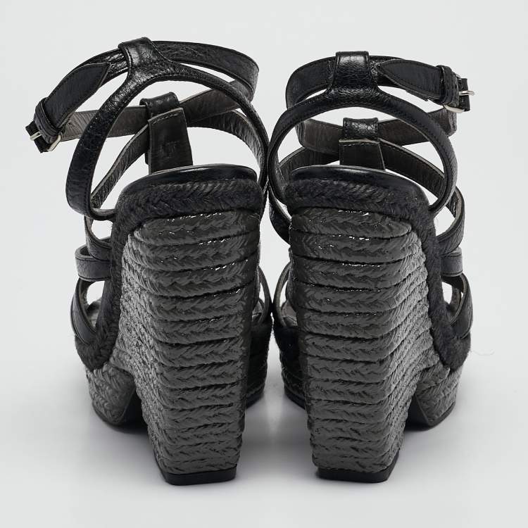 Pre Owned Balenciaga Black Leather Arena Wedge Espadrille Sandals Size 39
