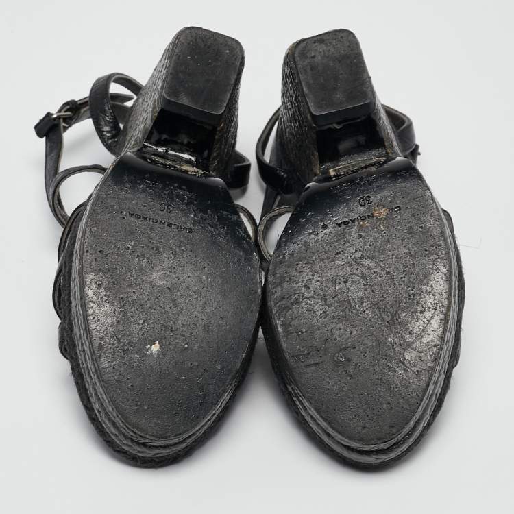 Pre Owned Balenciaga Black Leather Arena Wedge Espadrille Sandals Size 39