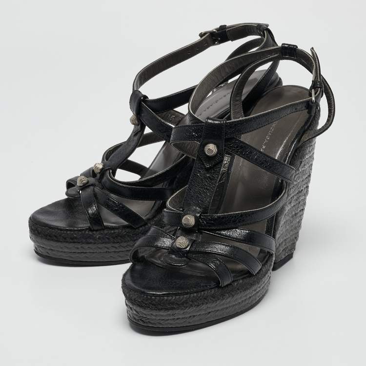 Pre Owned Balenciaga Black Leather Arena Wedge Espadrille Sandals Size 39