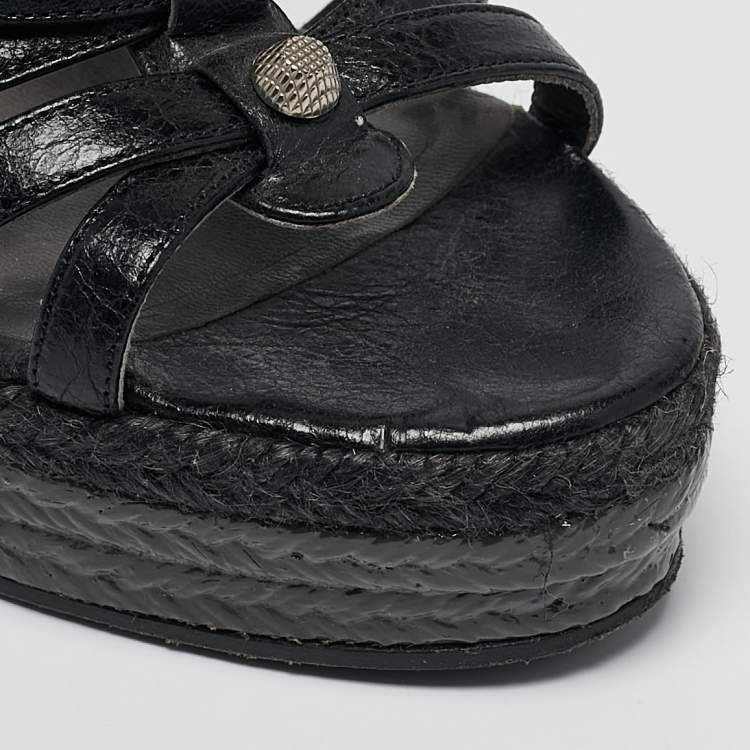 Pre Owned Balenciaga Black Leather Arena Wedge Espadrille Sandals Size 39