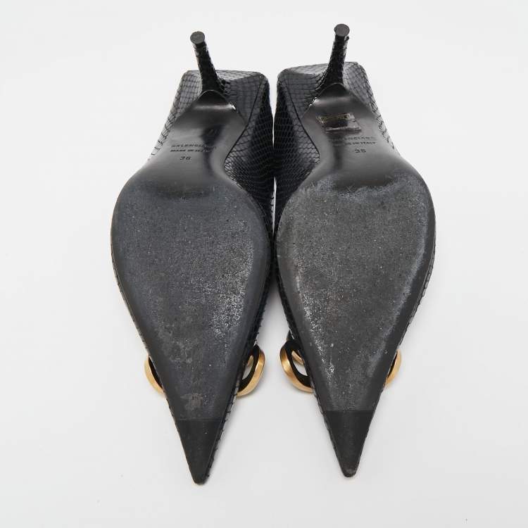 Pre Owned Balenciaga Black Python Embossed Leather BB Knife Mules Size 36