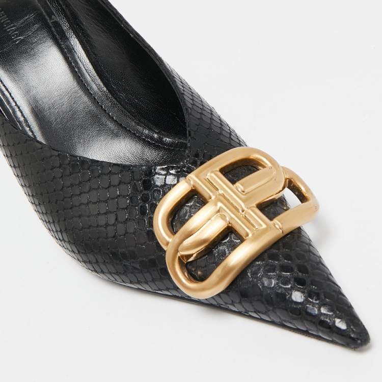 Pre Owned Balenciaga Black Python Embossed Leather BB Knife Mules Size 36