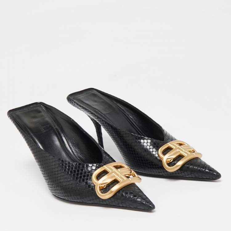 Pre Owned Balenciaga Black Python Embossed Leather BB Knife Mules Size 36
