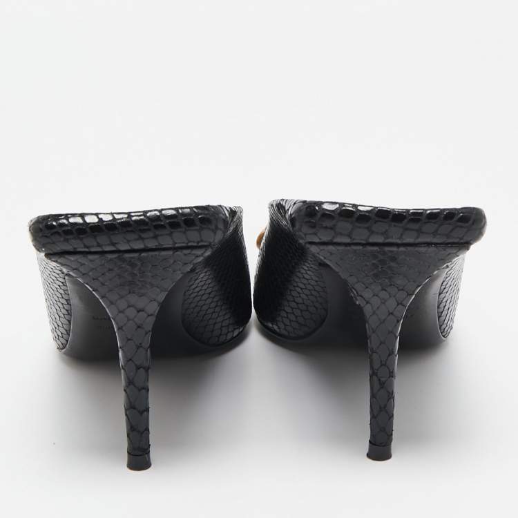 Pre Owned Balenciaga Black Python Embossed Leather BB Knife Mules Size 36