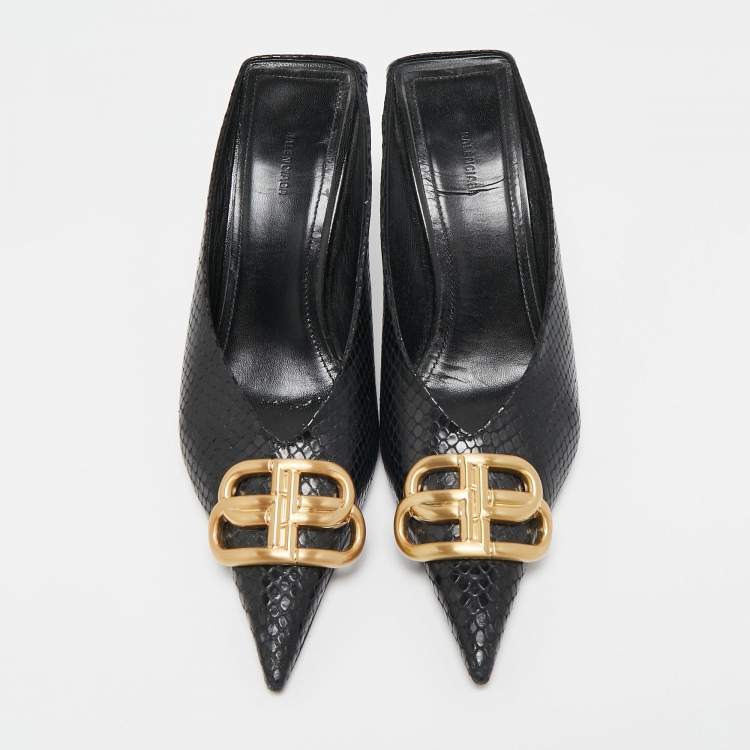 Pre Owned Balenciaga Black Python Embossed Leather BB Knife Mules Size 36