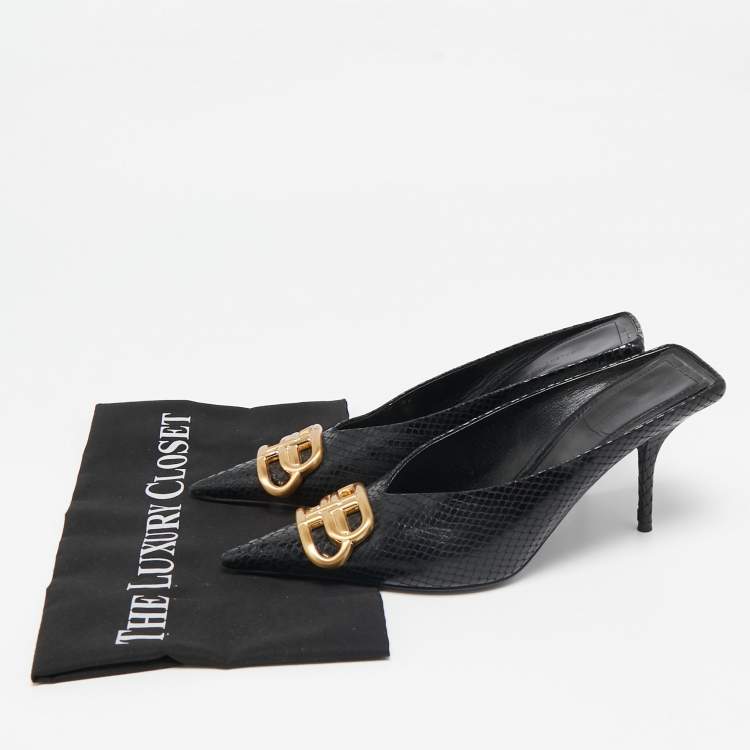 Pre Owned Balenciaga Black Python Embossed Leather BB Knife Mules Size 36