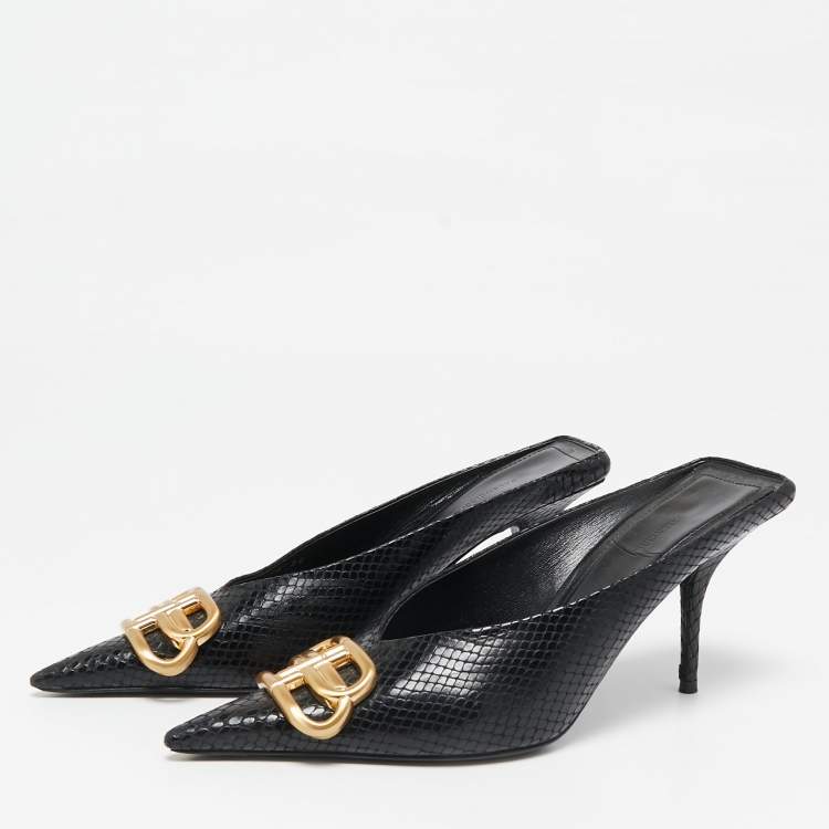 Pre Owned Balenciaga Black Python Embossed Leather BB Knife Mules Size 36