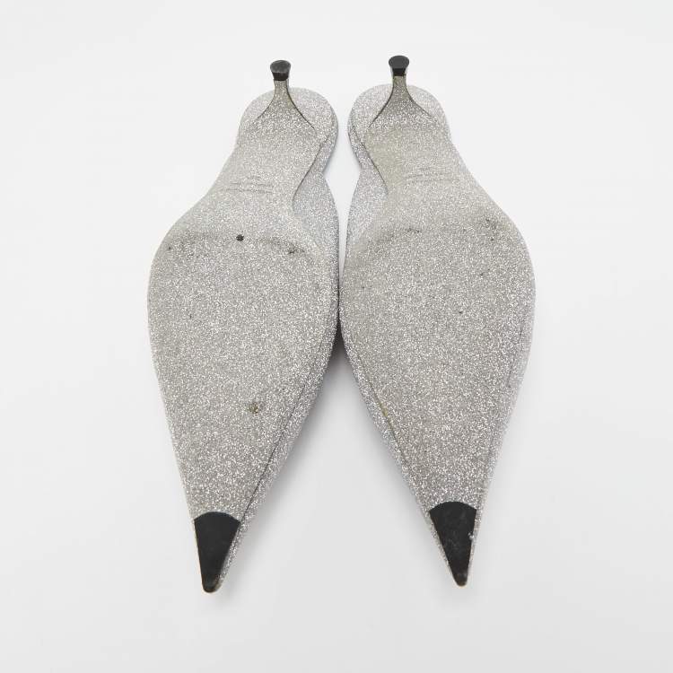 Pre Owned Balenciaga Silver Glitter Knife Pointed Toe Mules Size 39