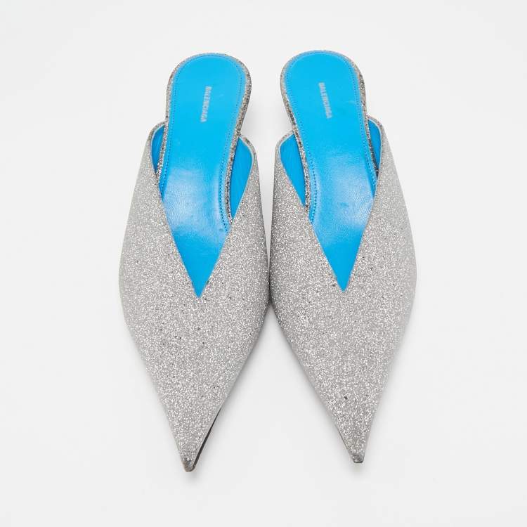 Pre Owned Balenciaga Silver Glitter Knife Pointed Toe Mules Size 39