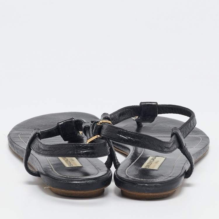 Pre Owned Balenciaga Black Leather Arena Flat Sandals Size 39