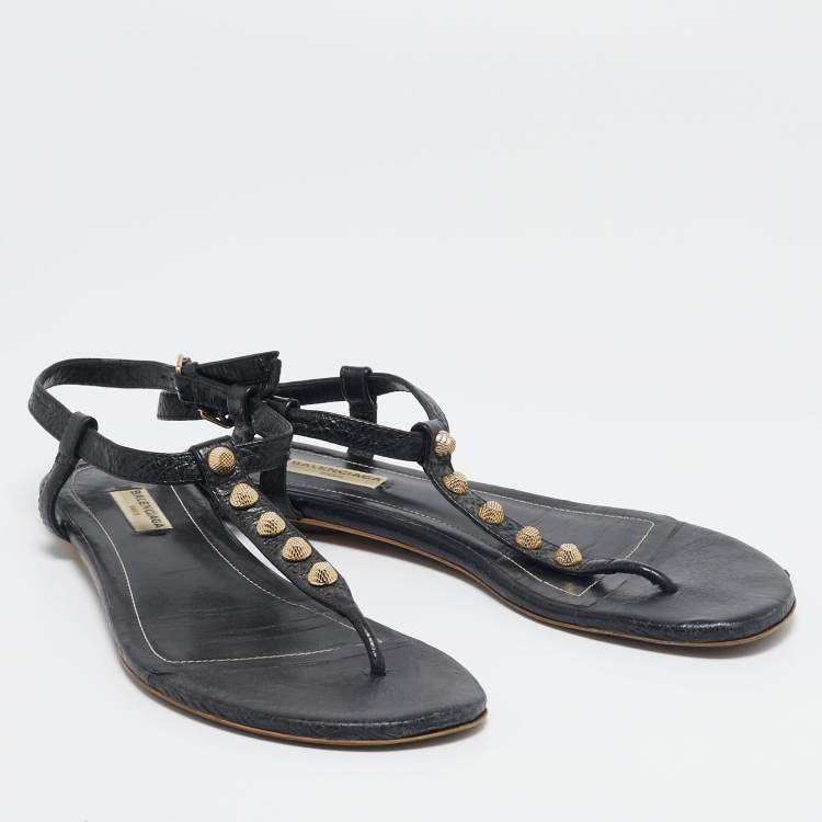 Pre Owned Balenciaga Black Leather Arena Flat Sandals Size 39