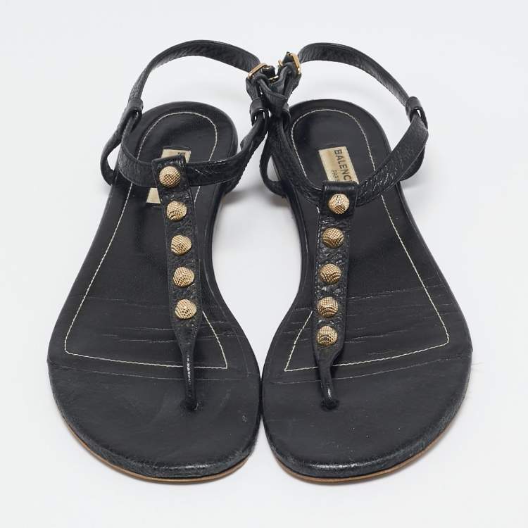 Pre Owned Balenciaga Black Leather Arena Flat Sandals Size 39