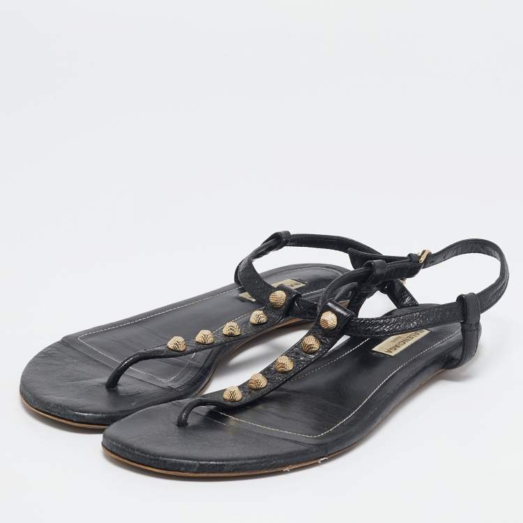 Pre Owned Balenciaga Black Leather Arena Flat Sandals Size 39