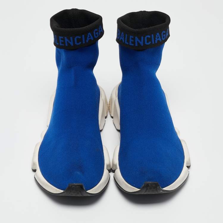 Pre Owned Balenciaga Blue Knit Fabric Speed Trainer High Top Sneakers Size 39