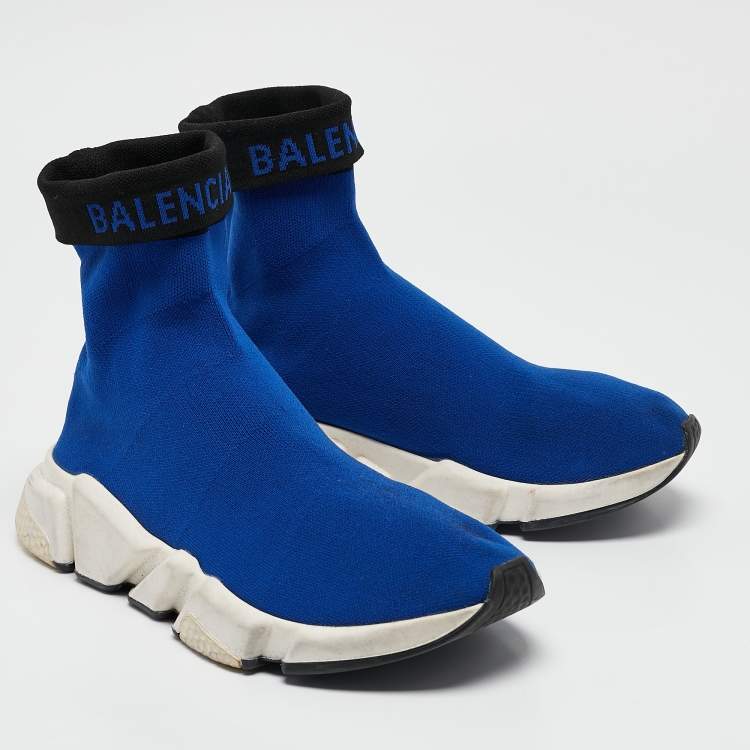 Pre Owned Balenciaga Blue Knit Fabric Speed Trainer High Top Sneakers Size 39