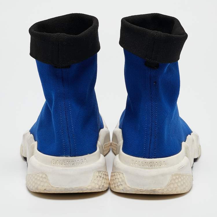 Pre Owned Balenciaga Blue Knit Fabric Speed Trainer High Top Sneakers Size 39