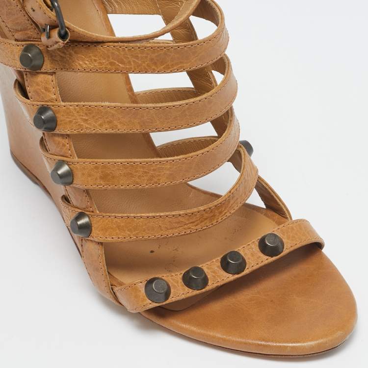 Pre Owned Balenciaga Brown Leather Arena Cage Wedge Sandals Size 38.5