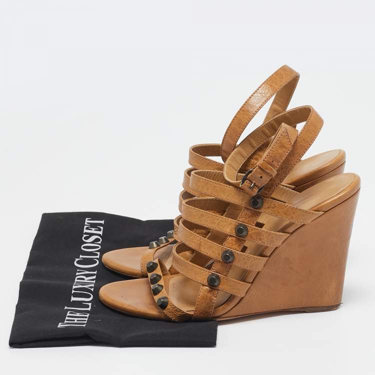 Pre Owned Balenciaga Brown Leather Arena Cage Wedge Sandals Size 38.5