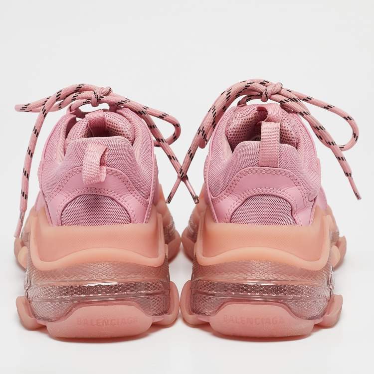 Pre Owned Balenciaga Pink Mesh and Nubuck Leather Triple S Clear Sole Lace Up Sneakers Size 39