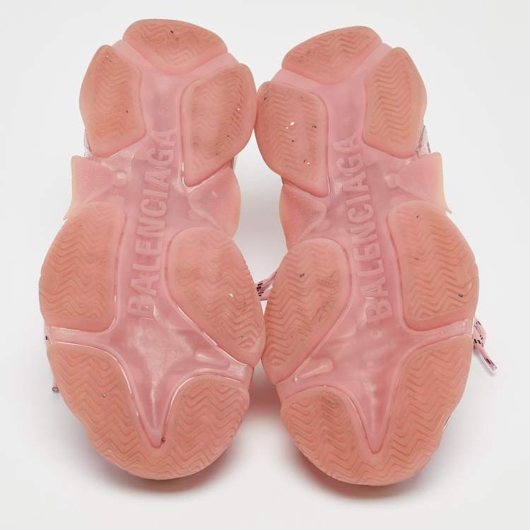 Pre Owned Balenciaga Pink Mesh and Nubuck Leather Triple S Clear Sole Lace Up Sneakers Size 39