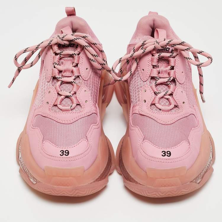 Pre Owned Balenciaga Pink Mesh and Nubuck Leather Triple S Clear Sole Lace Up Sneakers Size 39