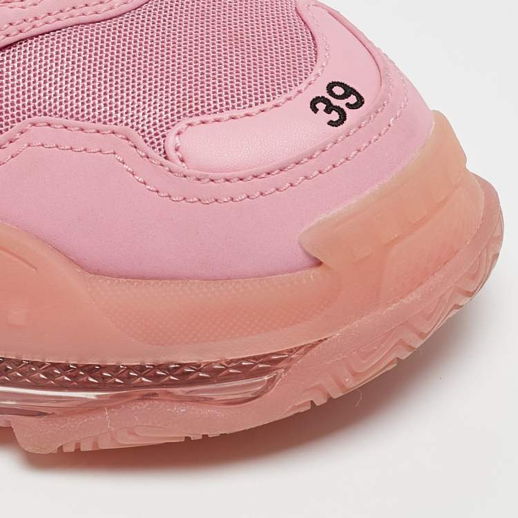 Pre Owned Balenciaga Pink Mesh and Nubuck Leather Triple S Clear Sole Lace Up Sneakers Size 39