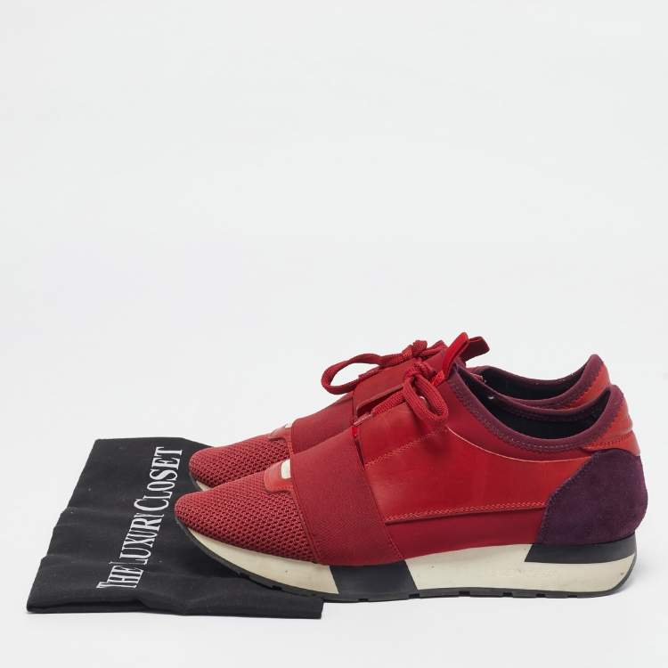 Pre Owned Balenciaga Red Mesh And Leather Race Runner Low Top Sneakers Size 39 