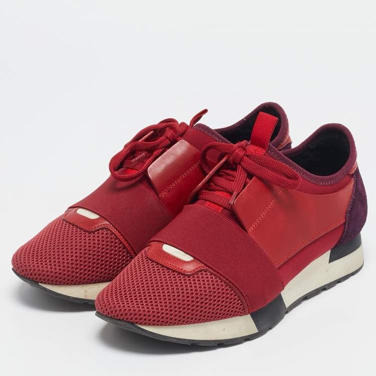 Pre Owned Balenciaga Red Mesh And Leather Race Runner Low Top Sneakers Size 39 