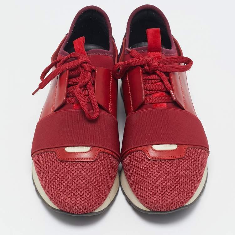 Pre Owned Balenciaga Red Mesh And Leather Race Runner Low Top Sneakers Size 39 