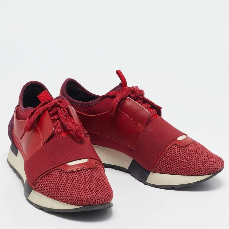 Pre Owned Balenciaga Red Mesh And Leather Race Runner Low Top Sneakers Size 39 