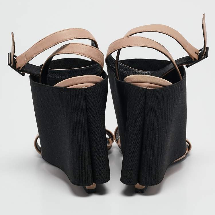 Pre Owned Balenciaga Beige Elastic and Leather Wedge Ankle Strap Sandals Size 39.5