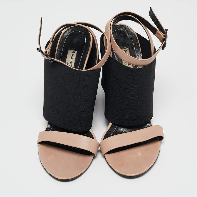 Pre Owned Balenciaga Beige Elastic and Leather Wedge Ankle Strap Sandals Size 39.5
