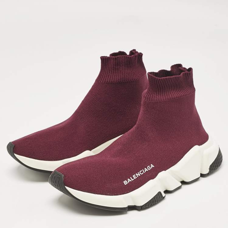 Pre Owned Balenciaga Burgundy Knit Fabric Speed Trainer Sneakers Size 36