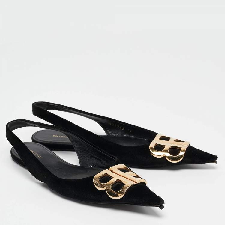 Pre Owned Balenciaga Black Suede Knife Pointed Toe Slingback Flats Size 35