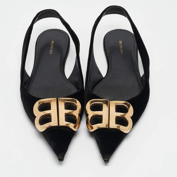 Pre Owned Balenciaga Black Suede Knife Pointed Toe Slingback Flats Size 35