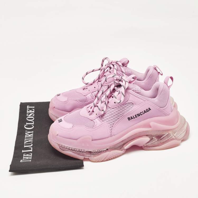Pre Owned Balenciaga Pink Leather and Mesh Triple S Lace Up Sneakers Size 38