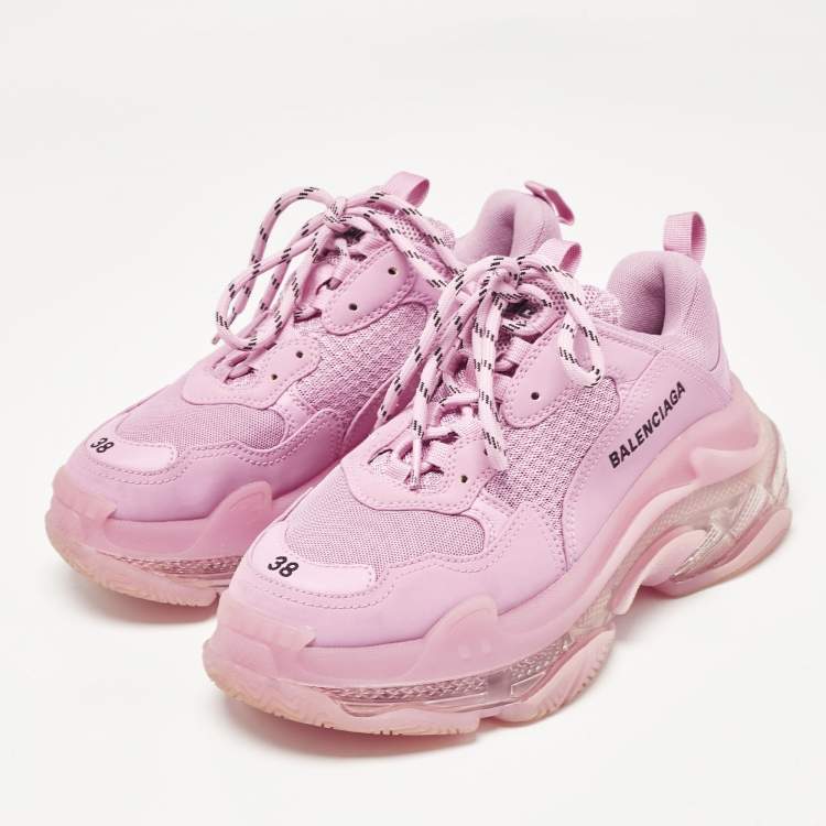 Pre Owned Balenciaga Pink Leather and Mesh Triple S Lace Up Sneakers Size 38