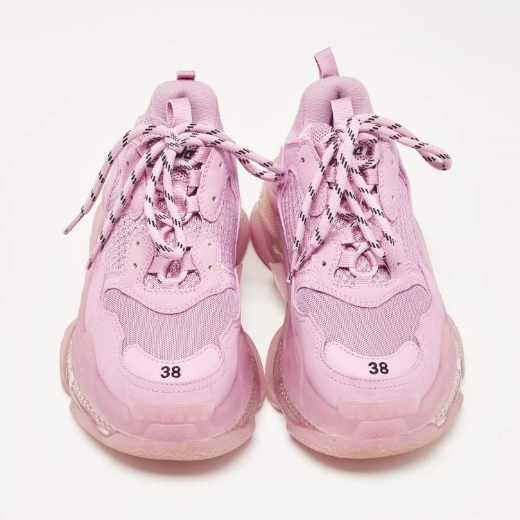 Pre Owned Balenciaga Pink Leather and Mesh Triple S Lace Up Sneakers Size 38
