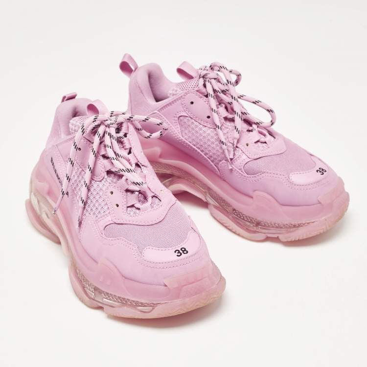 Pre Owned Balenciaga Pink Leather and Mesh Triple S Lace Up Sneakers Size 38