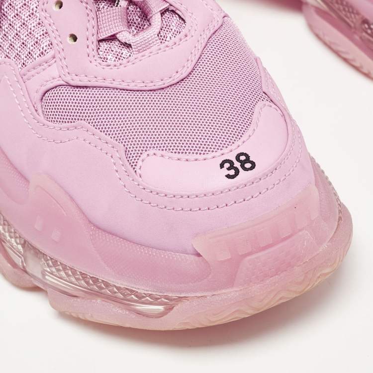 Pre Owned Balenciaga Pink Leather and Mesh Triple S Lace Up Sneakers Size 38