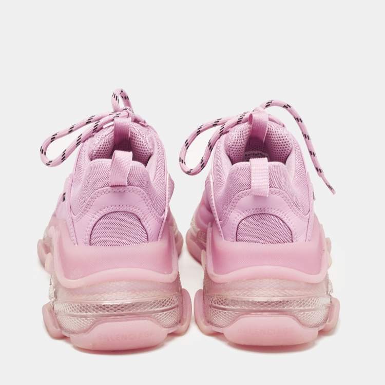 Pre Owned Balenciaga Pink Leather and Mesh Triple S Lace Up Sneakers Size 38
