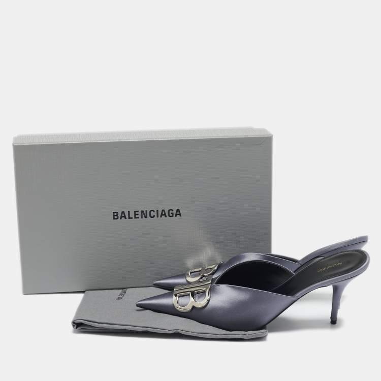 Pre Owned Balenciaga Grey Satin BB Knife Mules Size 40