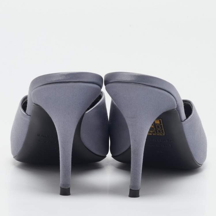 Pre Owned Balenciaga Grey Satin BB Knife Mules Size 40