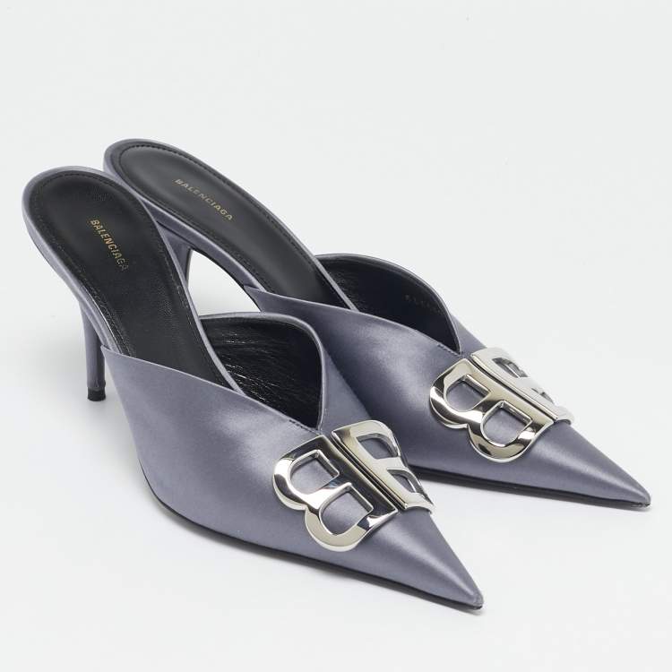 Pre Owned Balenciaga Grey Satin BB Knife Mules Size 40
