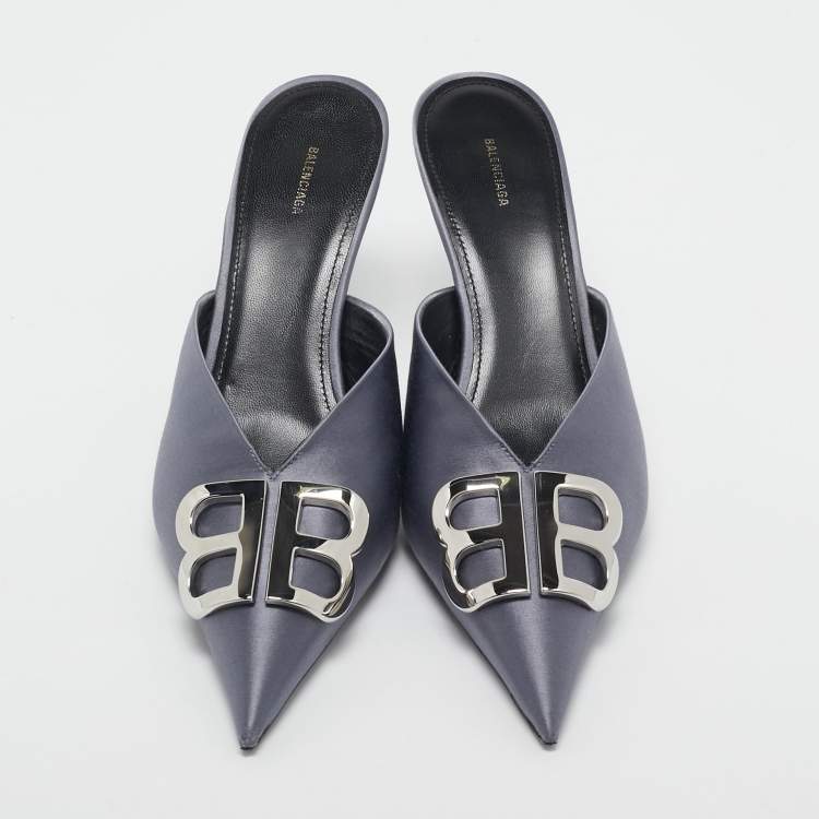 Pre Owned Balenciaga Grey Satin BB Knife Mules Size 40