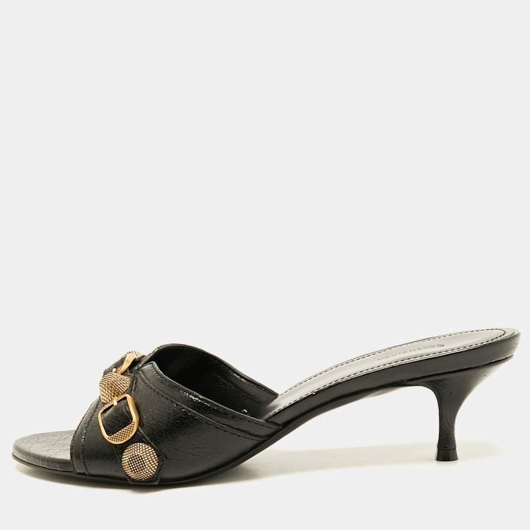 Pre Owned Balenciaga Black Leather Le Cagole Studded Slide Sandals Size 38