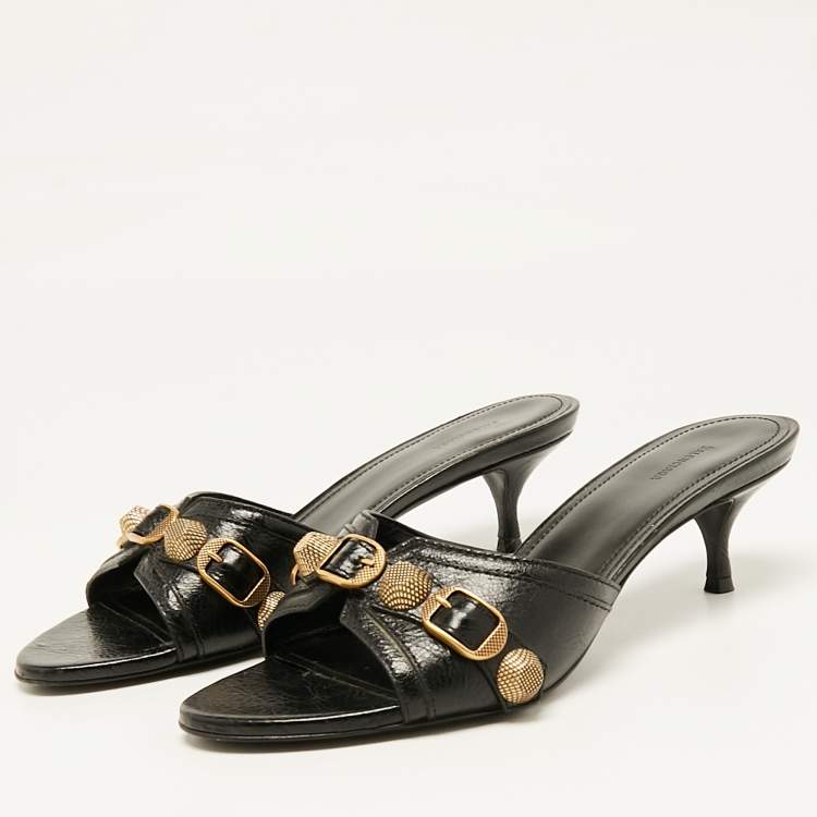 Pre Owned Balenciaga Black Leather Le Cagole Studded Slide Sandals Size 38
